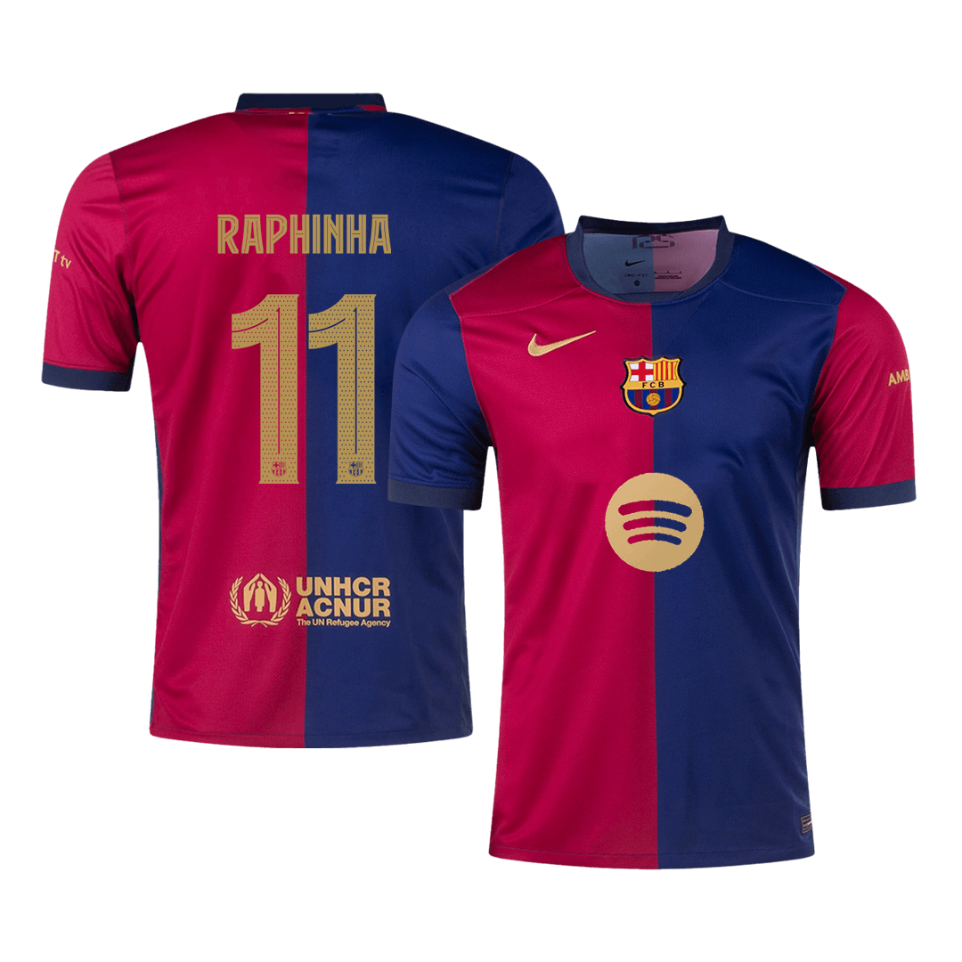 RAPHINHA #11 Barcelona Home Soccer Jersey 2024/25 Red&Blue - UCL (Spotify Logo Without Text)