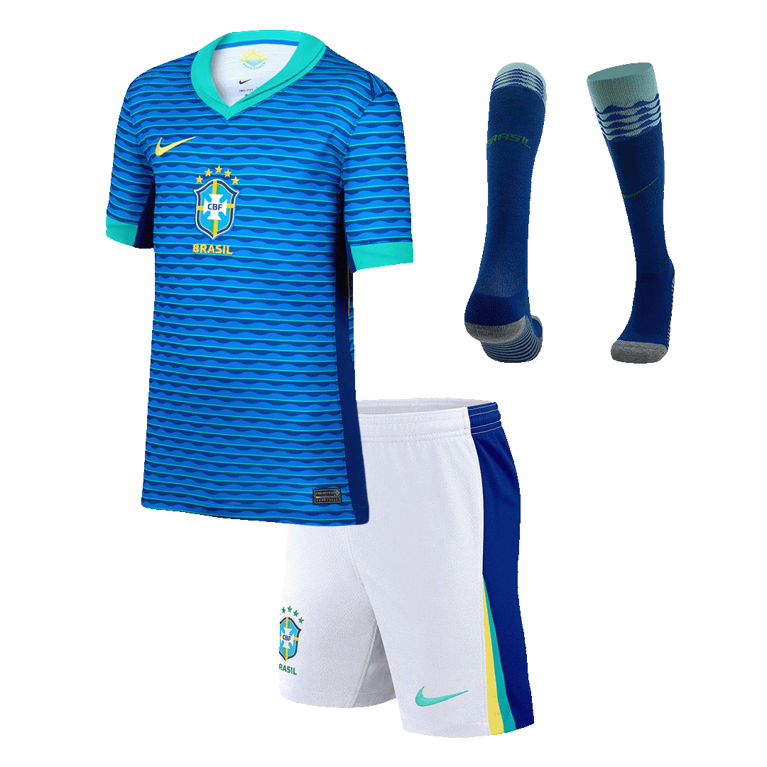 Kids Brazil Away Soccer Jersey Whole Kit 2024 Jersey+Shorts+Socks