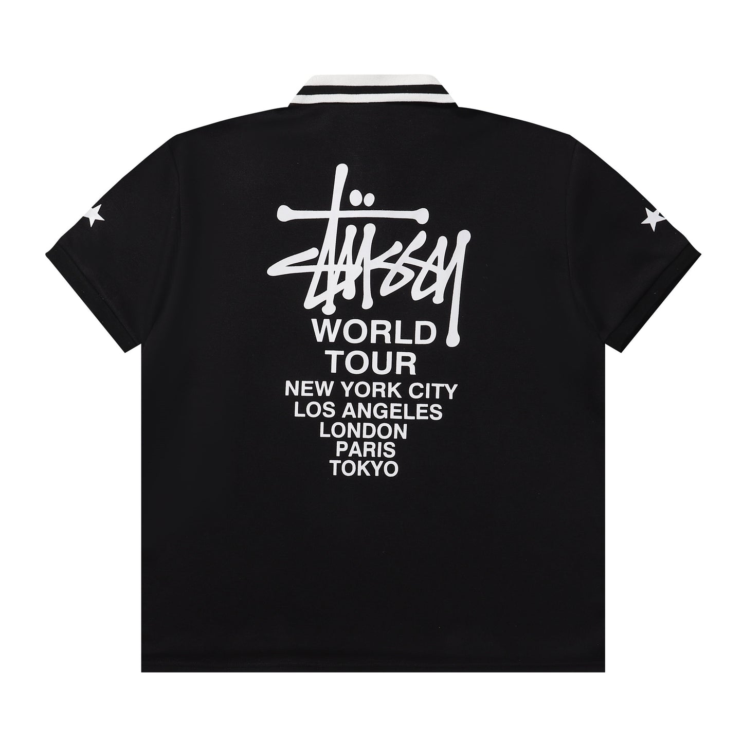 Stussy White Graphic Polo Shirt with 8-Ball Lion and Stars
