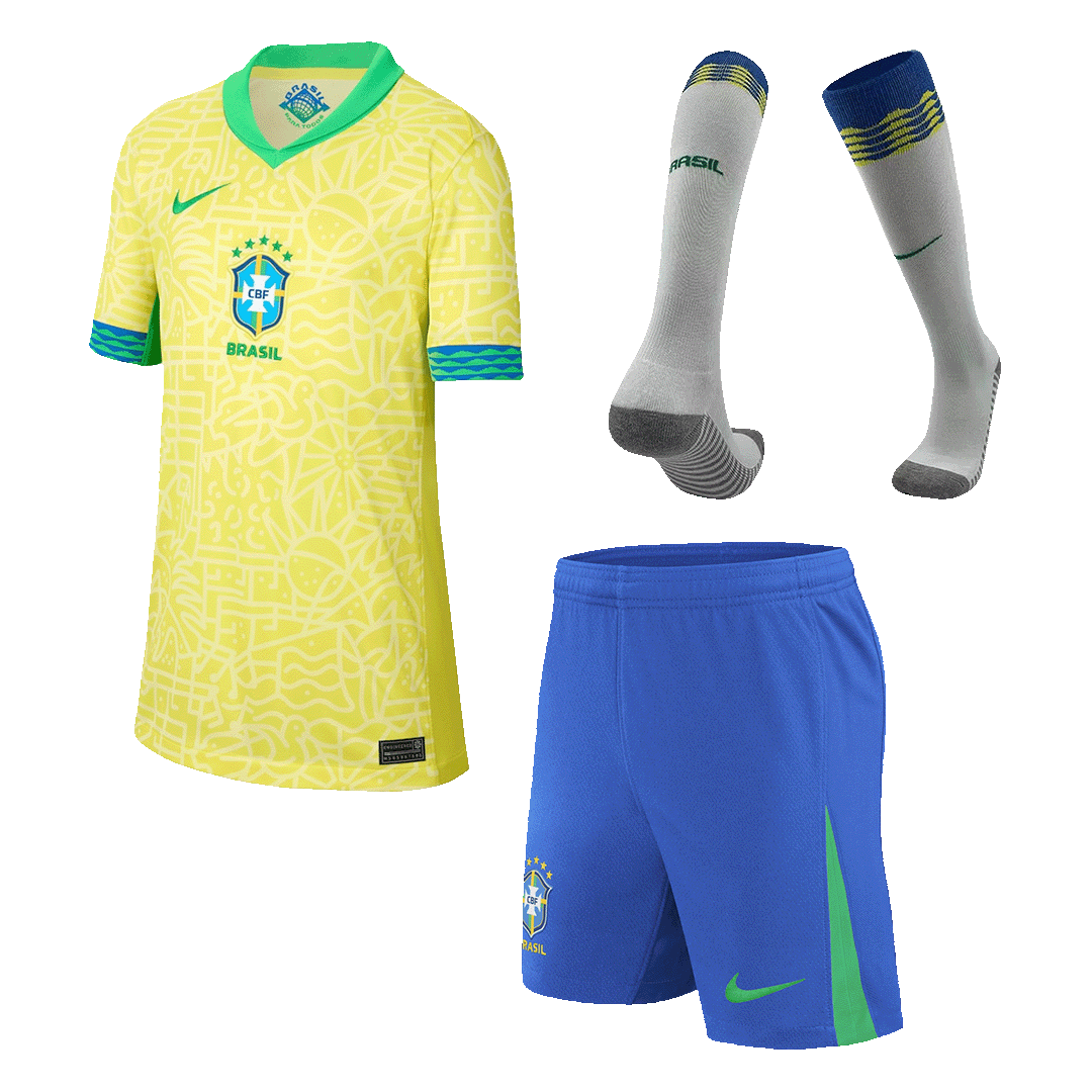 Kids Brazil Home Soccer Jersey Whole Kit 2024 (Jersey+Shorts+Socks)