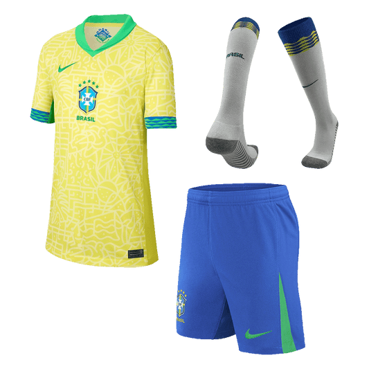 Kids Brazil Home Soccer Jersey Whole Kit 2024 (Jersey+Shorts+Socks)