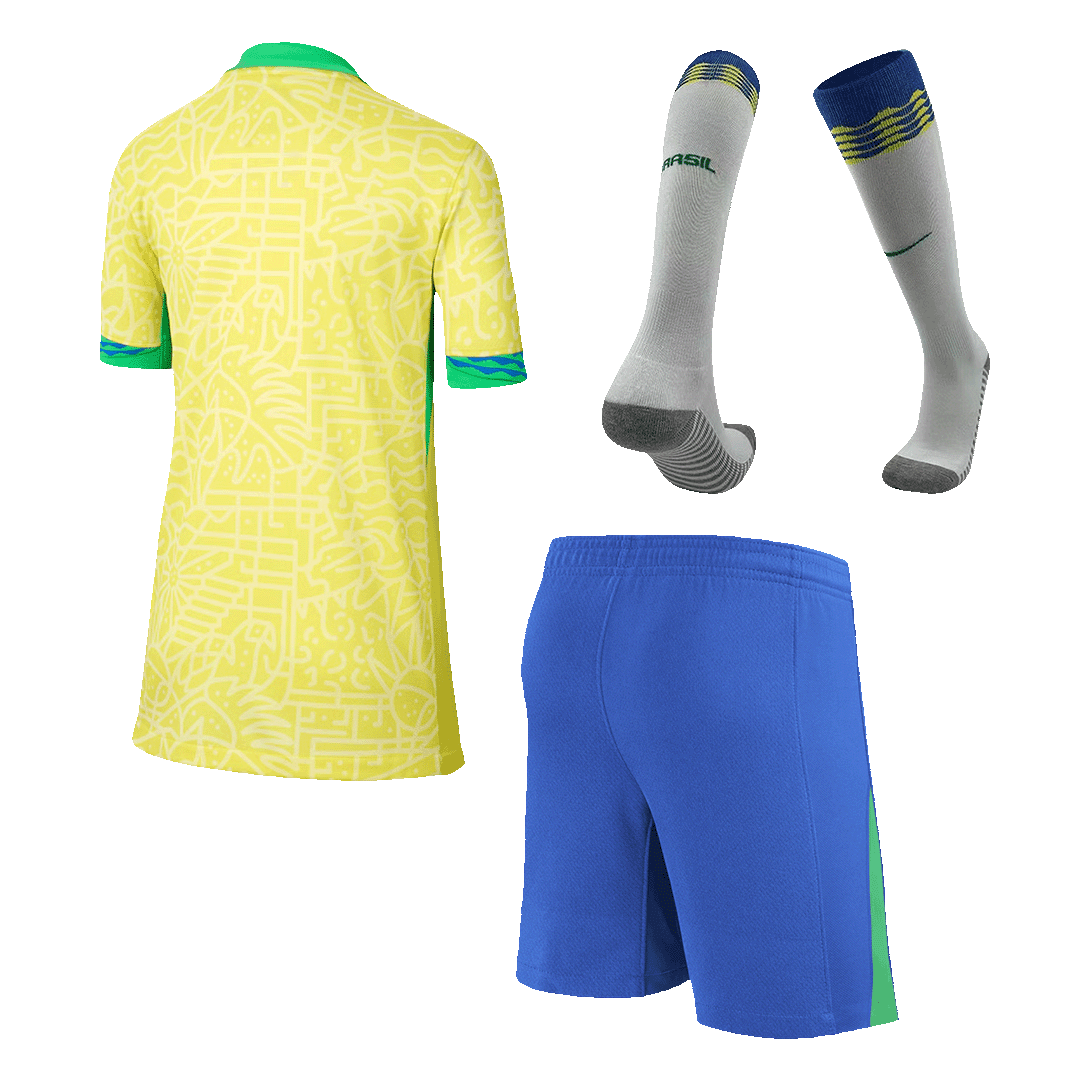 Kids Brazil Home Soccer Jersey Whole Kit 2024 (Jersey+Shorts+Socks)