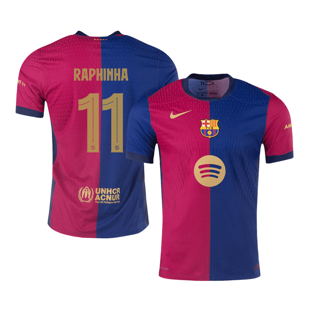 RAPHINHA #11 Authentic Barcelona Home Soccer Jersey 2024/25 Red&Blue - UCL (Spotify Logo Without Text)