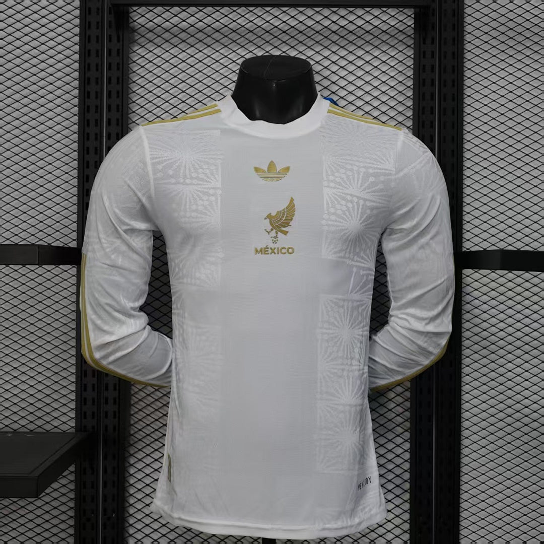 Mexico Player Version Soccer Jersey White Gold Long Sleeve White