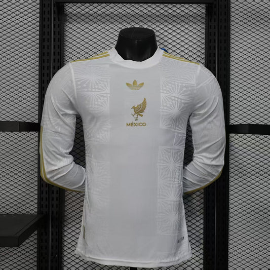 Mexico Player Version Soccer Jersey White Gold Long Sleeve White