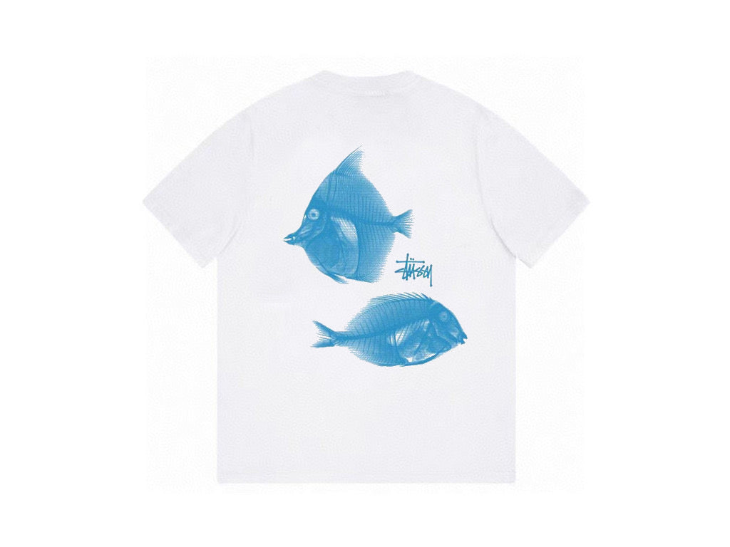Stussy White and Blue X-Ray Fish Graphic T-Shirt