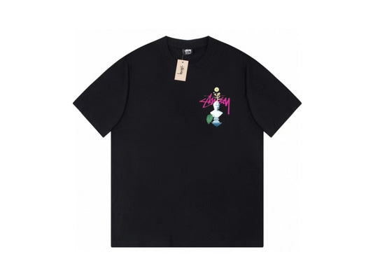 Stussy Black Statue Bust Graphic T-Shirt with Pink Logo