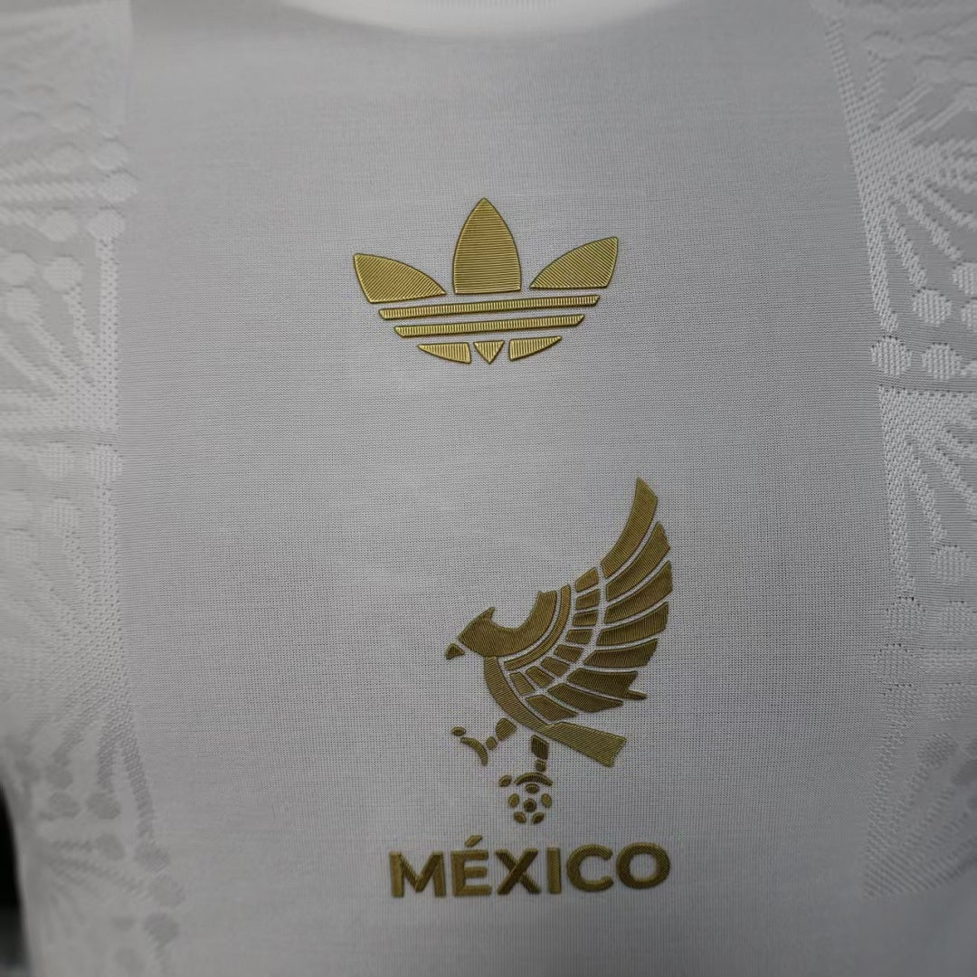 Mexico Player Version Soccer Jersey White Gold Long Sleeve White