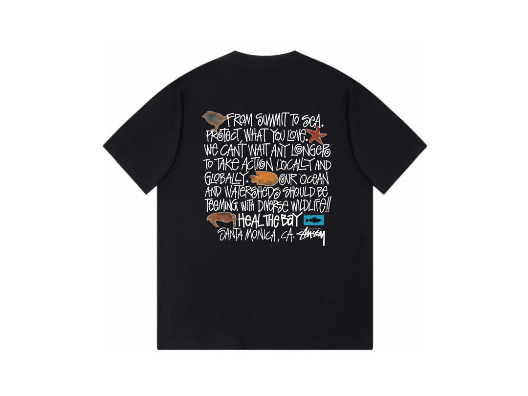 Stussy Black Short Sleeve T-Shirt with Fish Graphic Logo