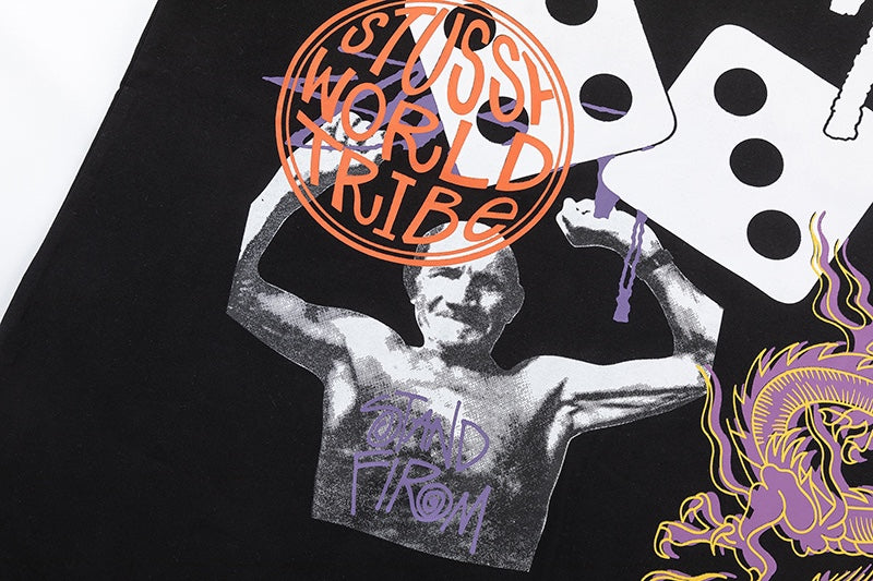 Stussy Black Skull and Dragon Floral Graphic T-Shirt