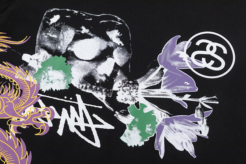 Stussy Black Skull and Dragon Floral Graphic T-Shirt