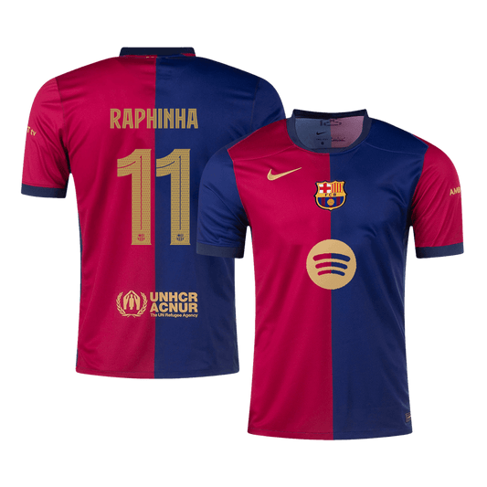 RAPHINHA #11 Barcelona Home Soccer Jersey 2024/25 Red&Blue - UCL (Spotify Logo Without Text)