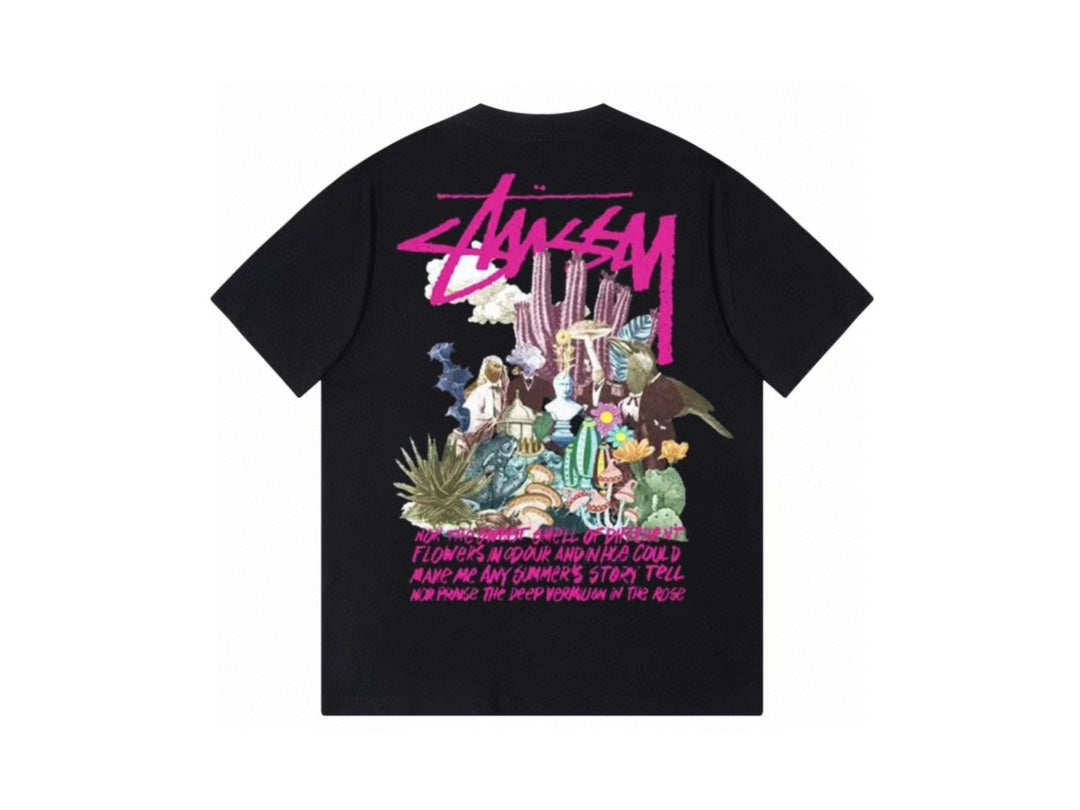 Stussy Black Statue Bust Graphic T-Shirt with Pink Logo
