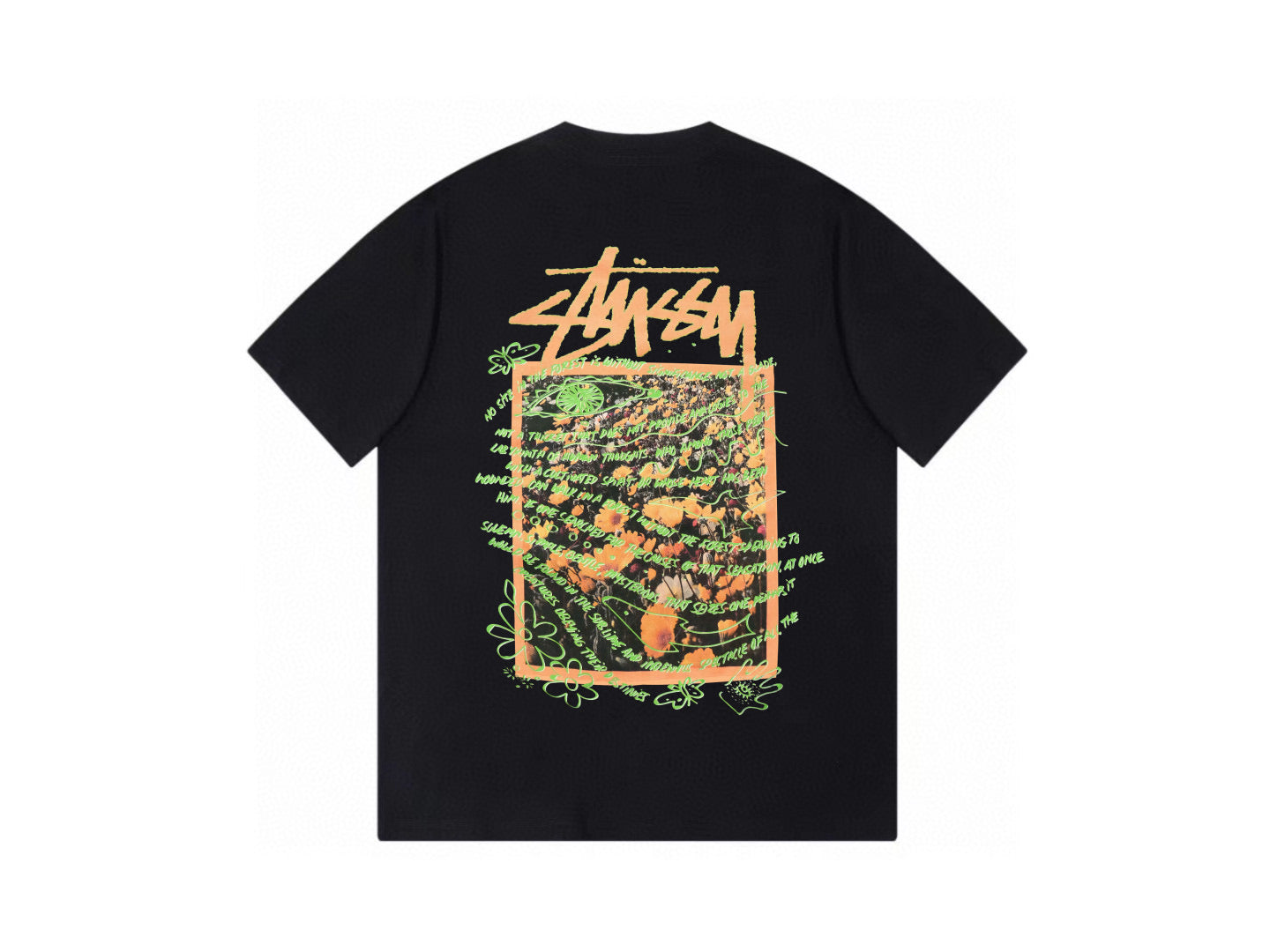 Stussy Black Floral Poem Graphic T-Shirt
