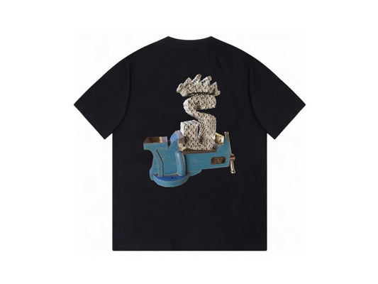Black Streetwear T-Shirt with Industrial Vise and Metal Crown Graphic