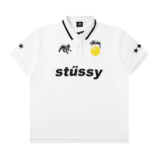 Stussy White Graphic Polo Shirt with 8-Ball Lion and Stars