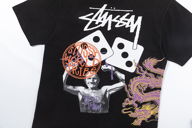 Stussy Black Skull and Dragon Floral Graphic T-Shirt