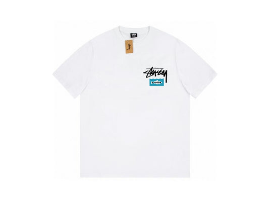 Stussy White Short Sleeve T-Shirt with Fish Skeleton Graphic Logo