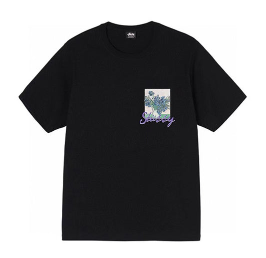 Stussy Black Floral Graphic T-Shirt with Purple Script Logo