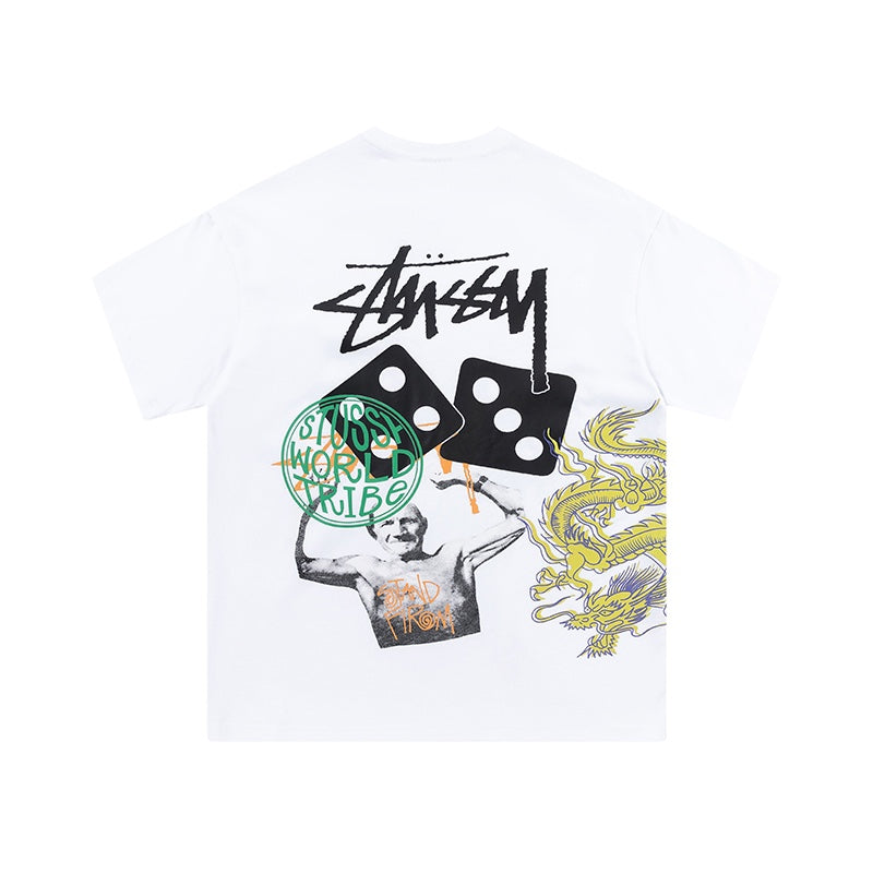 White Stussy Graphic T-Shirt with Skull, Dragon, and Floral Print