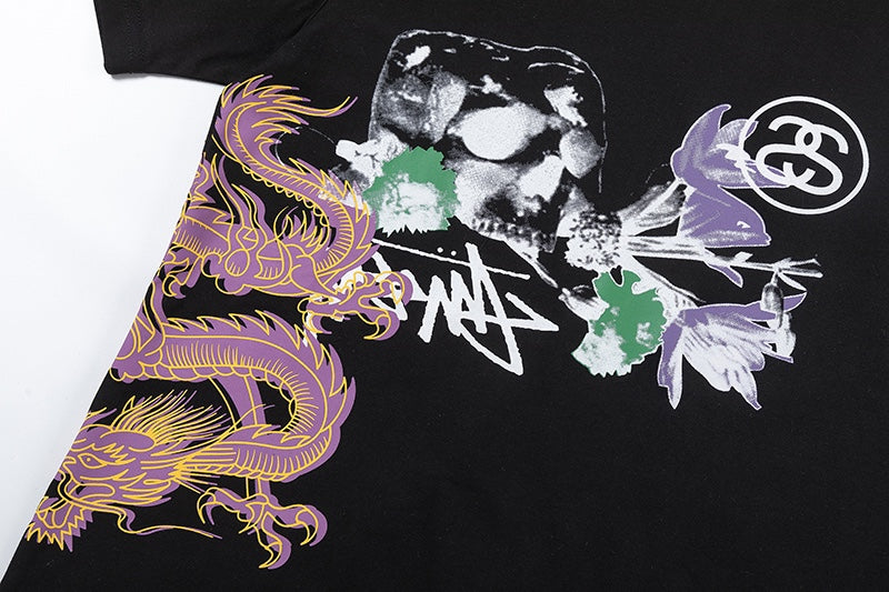 Stussy Black Skull and Dragon Floral Graphic T-Shirt