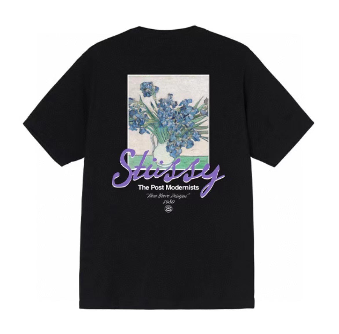 Stussy Black Floral Graphic T-Shirt with Purple Script Logo