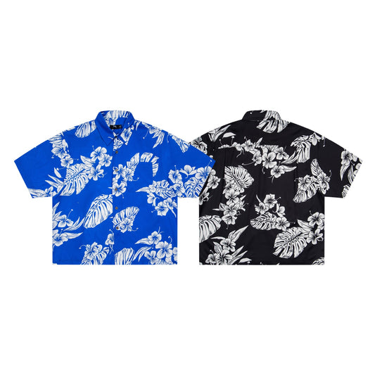 Tropical Hibiscus & Monstera Print Short Sleeve Hawaiian Shirt