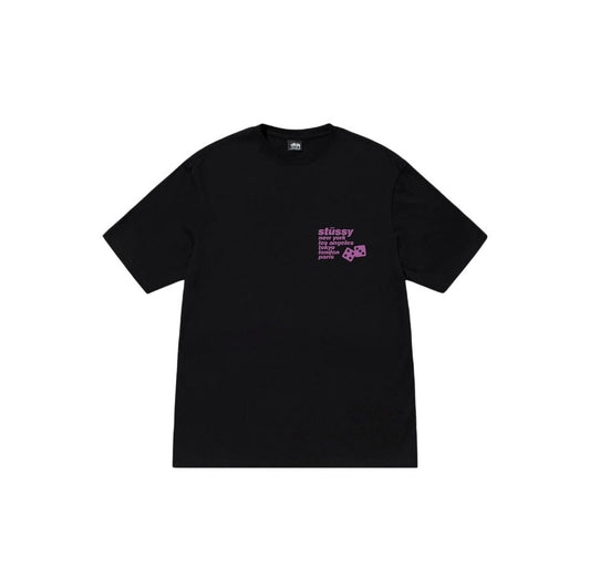 Stussy Dice and World Tour Cities Graphic T-Shirt - Black