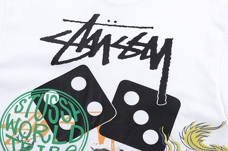 White Stussy Graphic T-Shirt with Skull, Dragon, and Floral Print