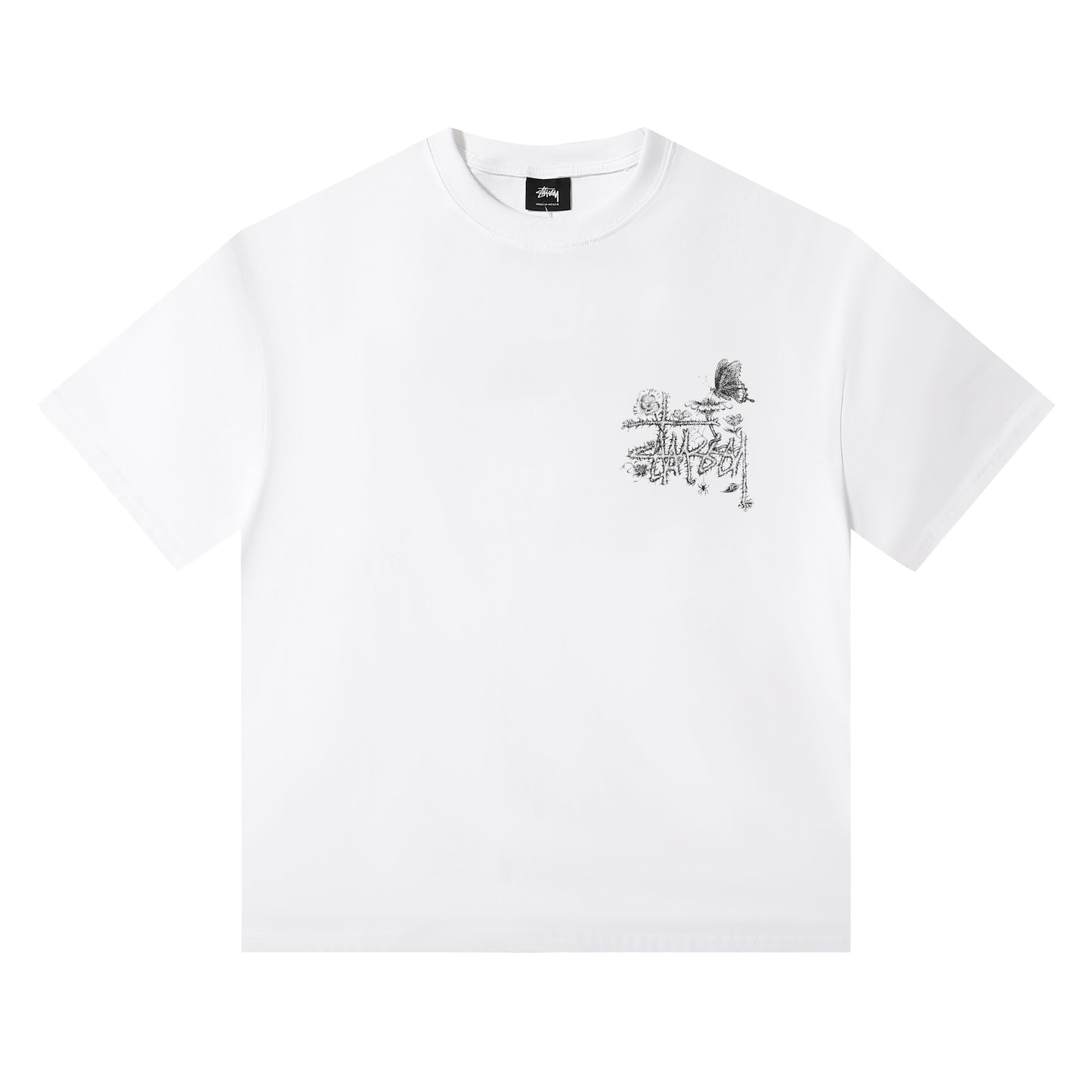 Stüssy Butterfly and Spider Floral Logo Graphic T-Shirt - White