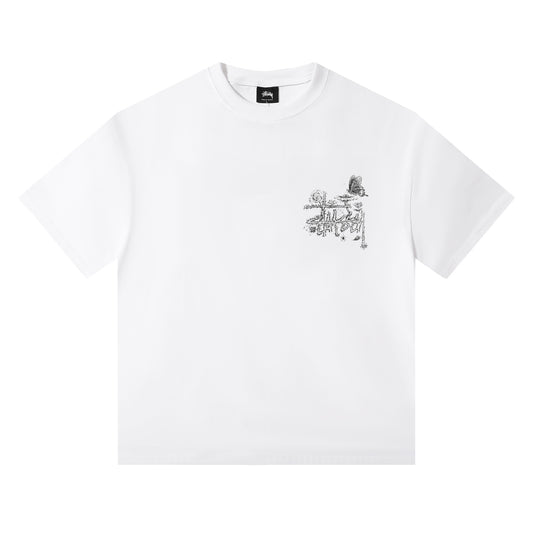 Stüssy Butterfly and Spider Floral Logo Graphic T-Shirt - White