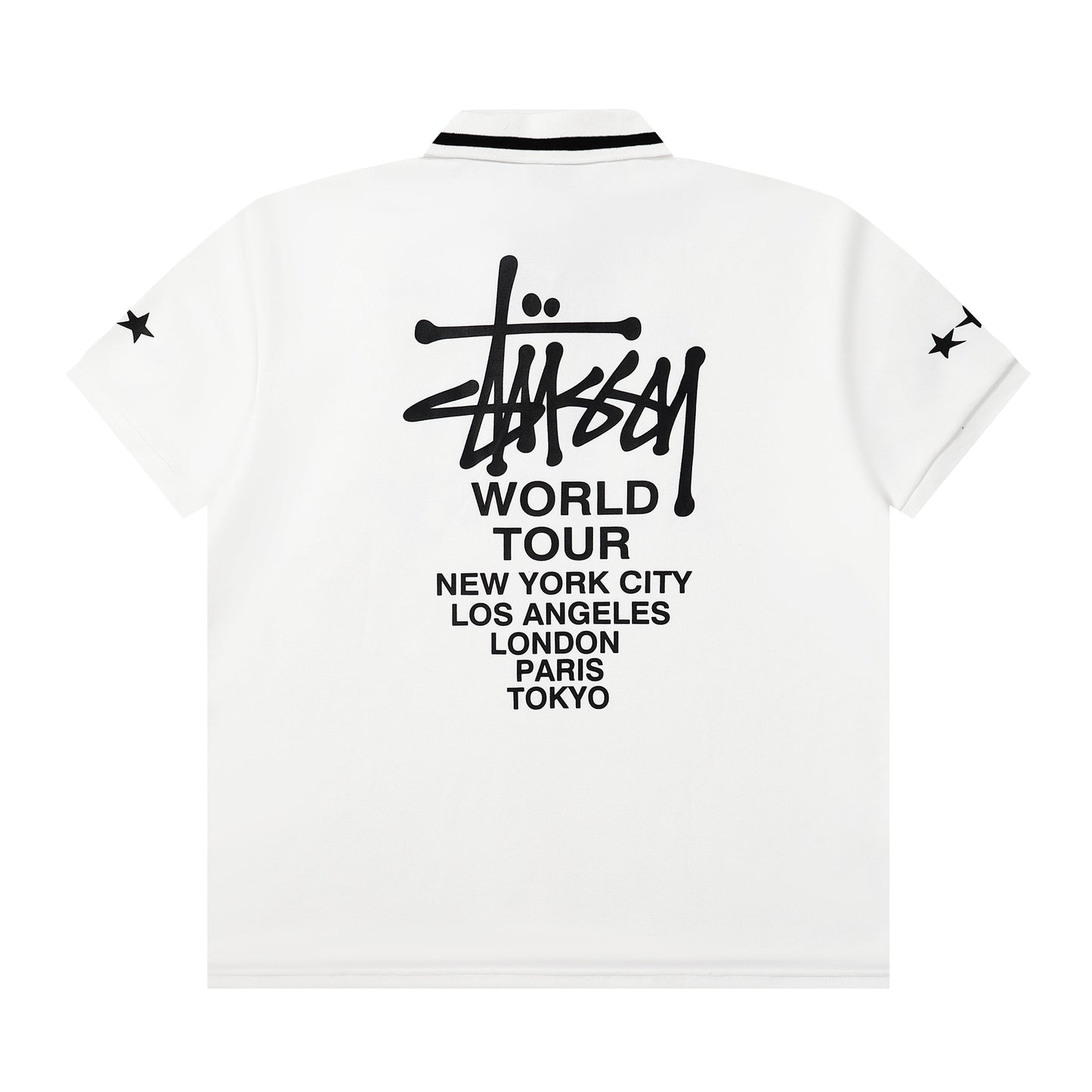 Stussy White Graphic Polo Shirt with 8-Ball Lion and Stars