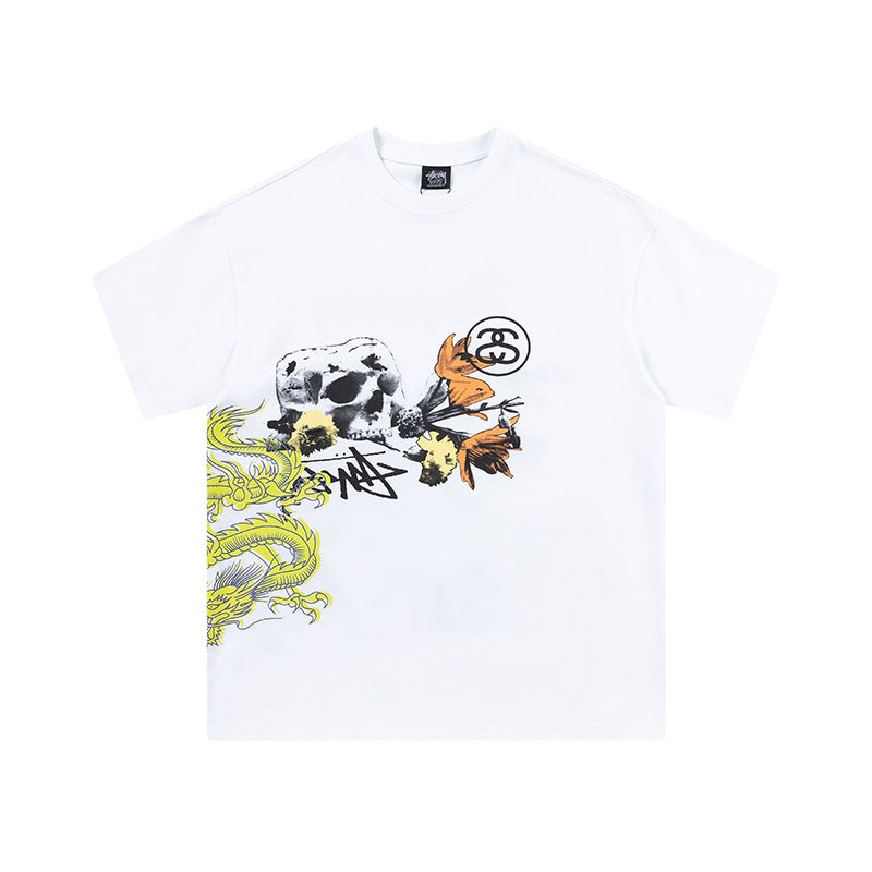 White Stussy Graphic T-Shirt with Skull, Dragon, and Floral Print