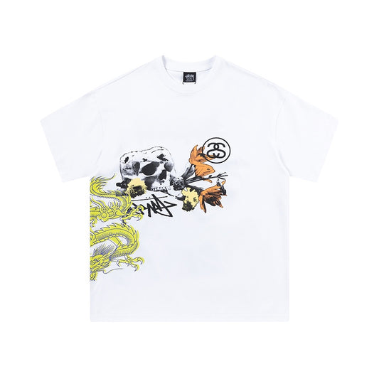 White Stussy Graphic T-Shirt with Skull, Dragon, and Floral Print