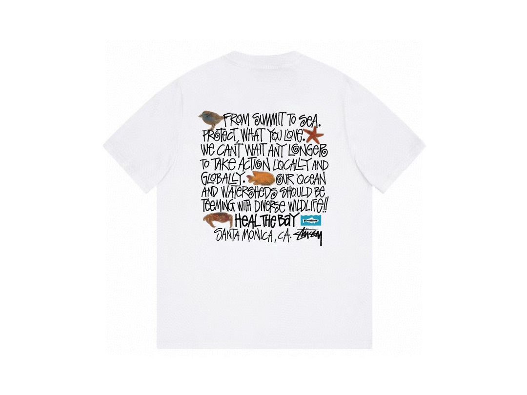 Stussy White Short Sleeve T-Shirt with Fish Skeleton Graphic Logo