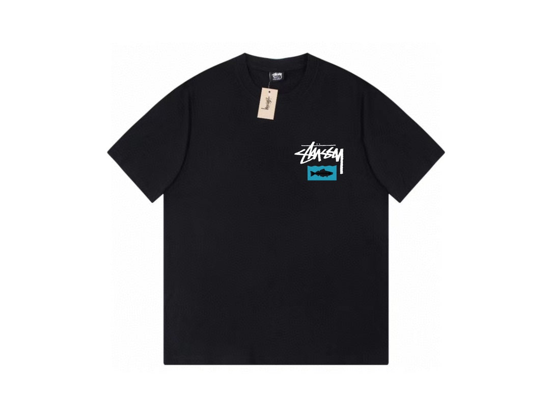 Stussy Black Short Sleeve T-Shirt with Fish Graphic Logo
