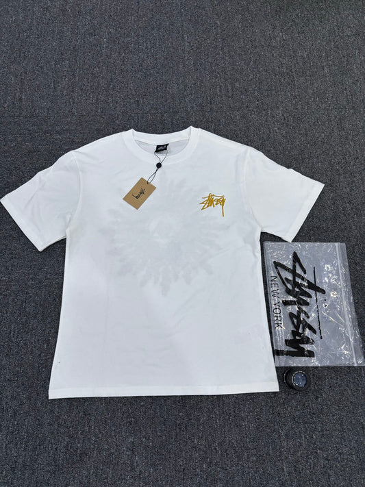 Stüssy White T-Shirt with Gold Chest Logo & Back Graphic