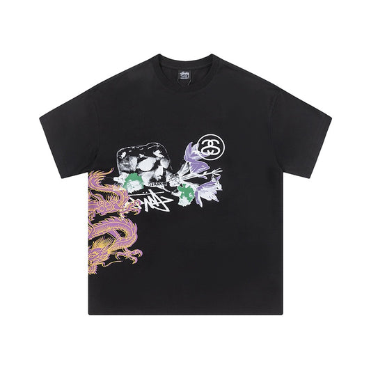 Stussy Black Skull and Dragon Floral Graphic T-Shirt