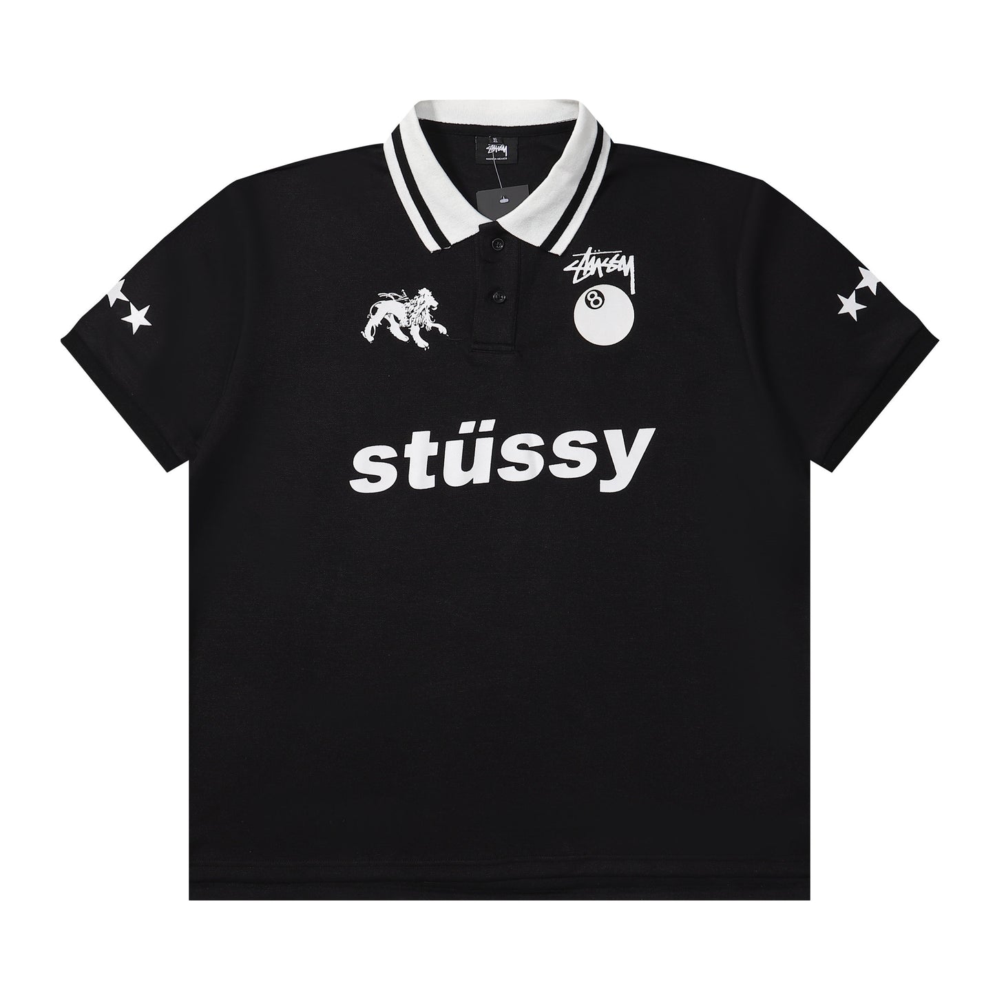 Stussy White Graphic Polo Shirt with 8-Ball Lion and Stars