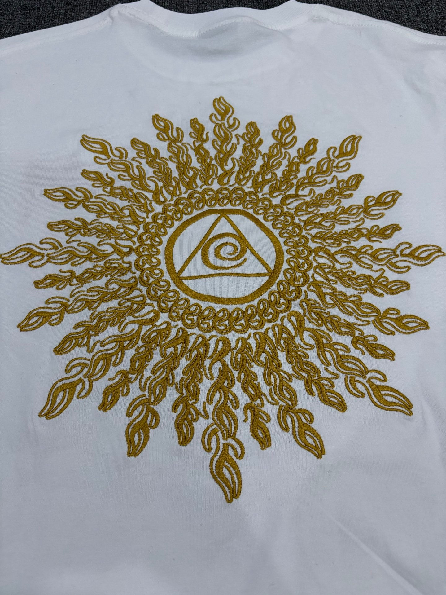 Stüssy White T-Shirt with Gold Chest Logo & Back Graphic