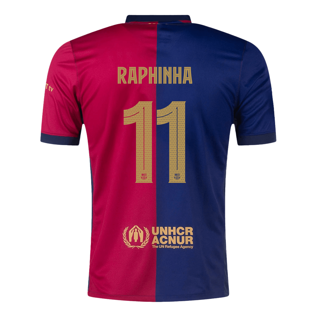 RAPHINHA #11 Barcelona Home Soccer Jersey 2024/25 Red&Blue - UCL (Spotify Logo Without Text)