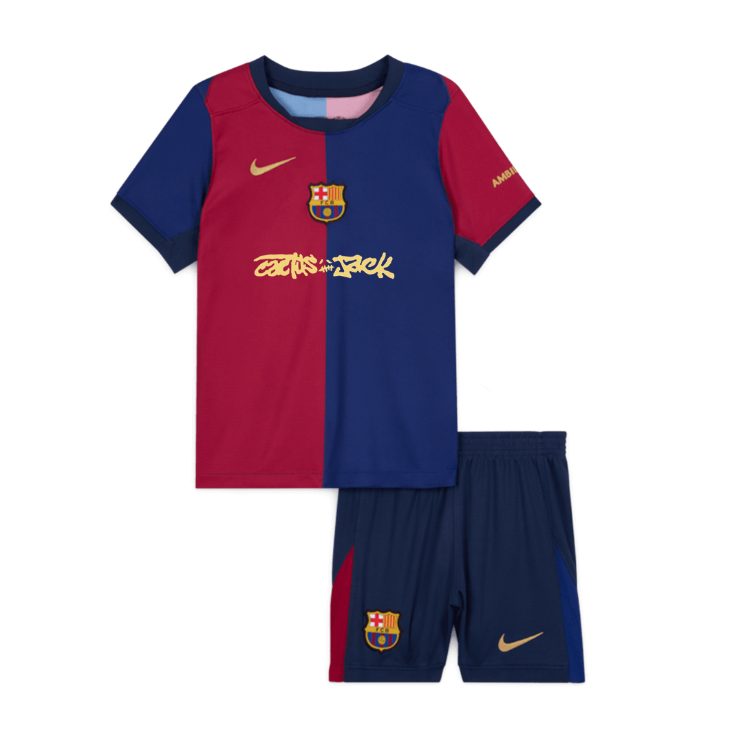 Kid's Barcelona X Travis Scott Home Soccer Jersey Kit(Jersey+Shorts) 2024/25 Red&Blue