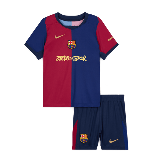 Kid's Barcelona X Travis Scott Home Soccer Jersey Kit(Jersey+Shorts) 2024/25 Red&Blue