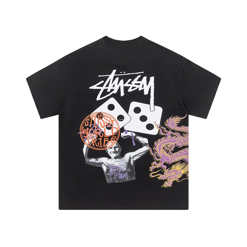 Stussy Black Skull and Dragon Floral Graphic T-Shirt