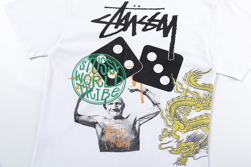 White Stussy Graphic T-Shirt with Skull, Dragon, and Floral Print